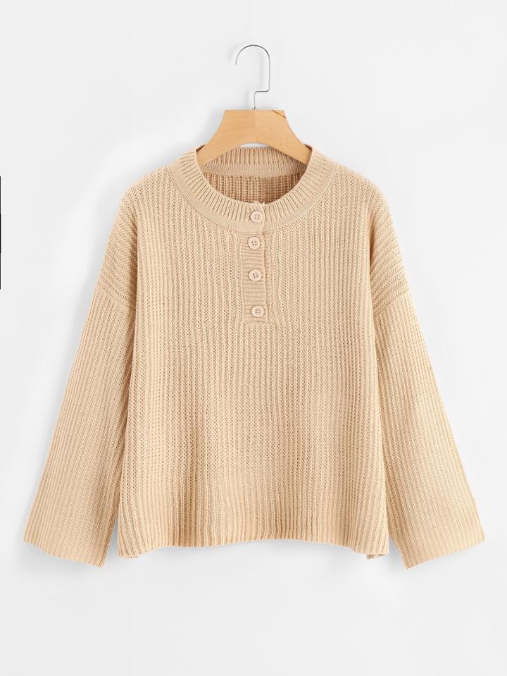 Romwe Drop Shoulder Single Breasted Ribbed Sweater
