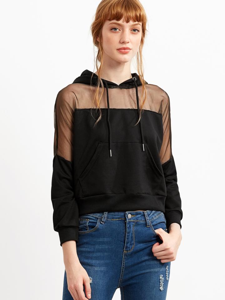 Romwe Black Hooded Sheer Mesh Insert Sweatshirt
