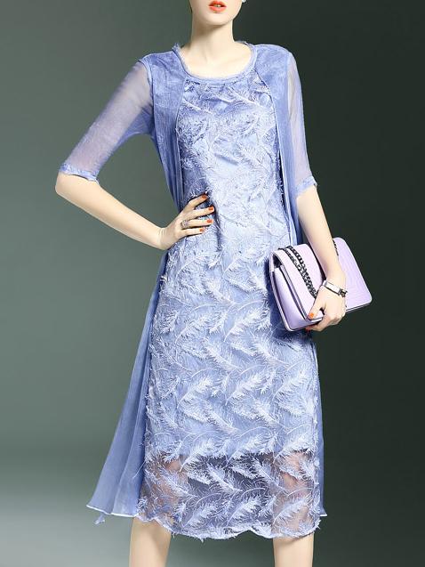 Romwe Blue Feathers Applique Two-piece Dress