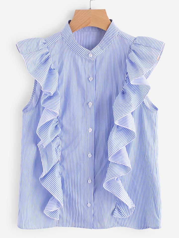 Romwe Frill Trim Button Up Striped Blouse