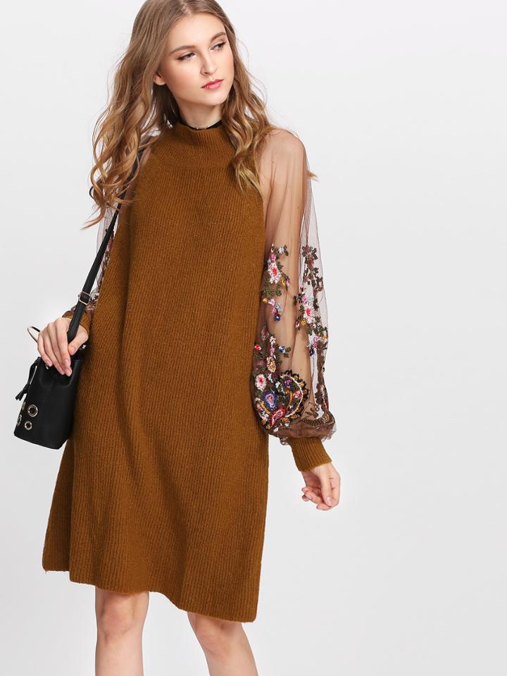 Romwe Embroidered Mesh Sleeve Knit Dress