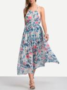 Romwe Spaghetti Strap Florals Chiffon Pleated Beach Dress