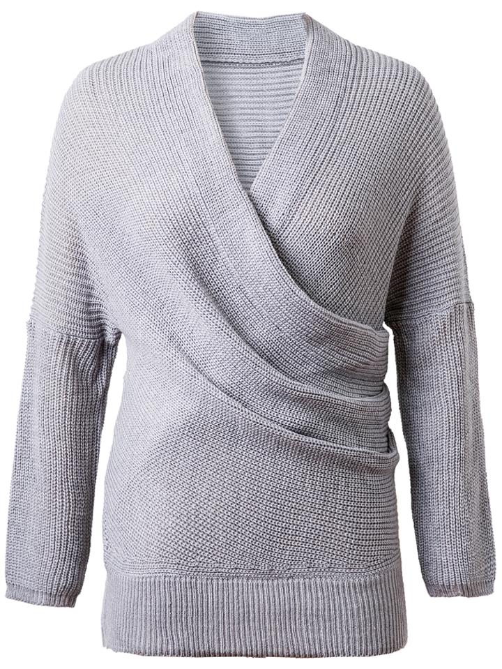 Romwe Grey Surplice Front Drop Shoulder Knit Sweater