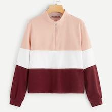 Romwe Color-block Zip Half Placket Pullover