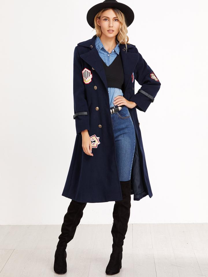 Romwe Double Breasted Patches Back Button Detail Belt Cuff Coat