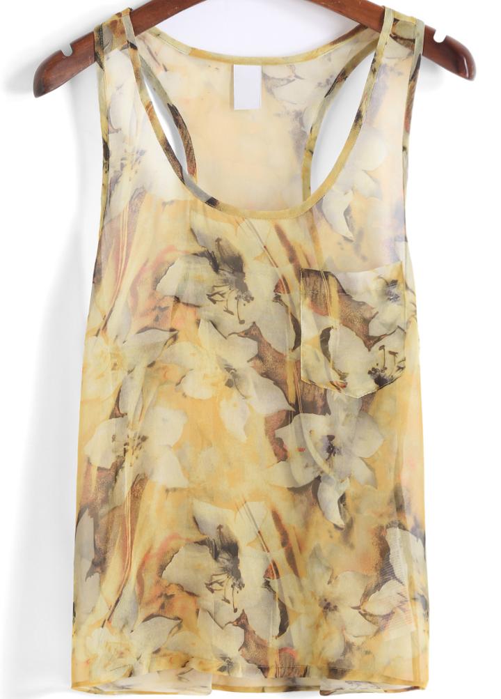 Romwe Scoop Neck Floral Pocket Tank Top
