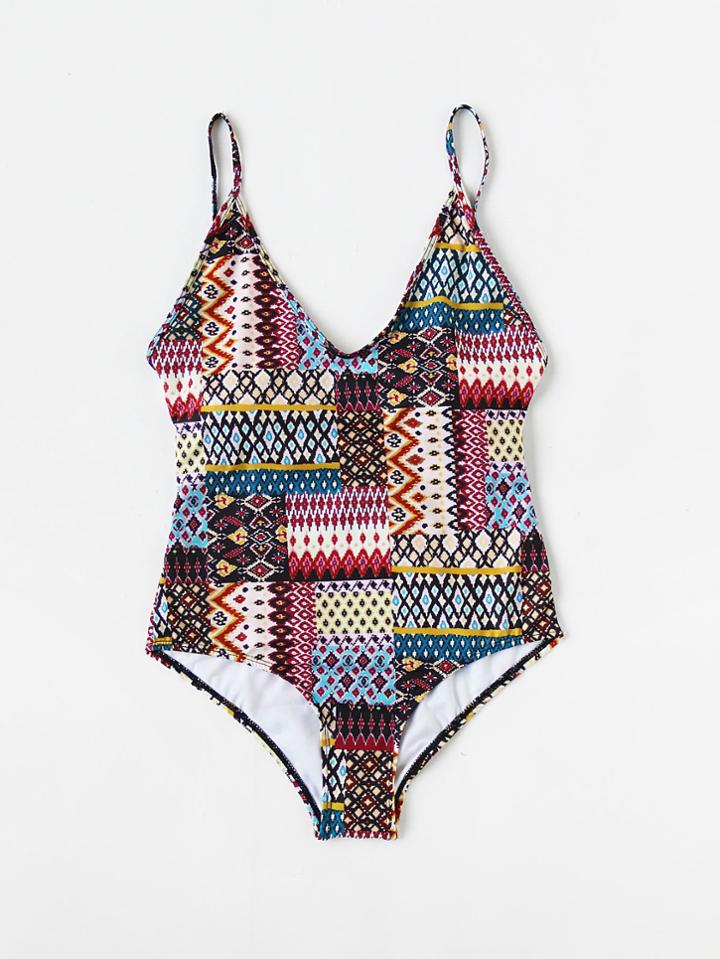 Romwe Mixed Print Lace Up Back Swimsuit