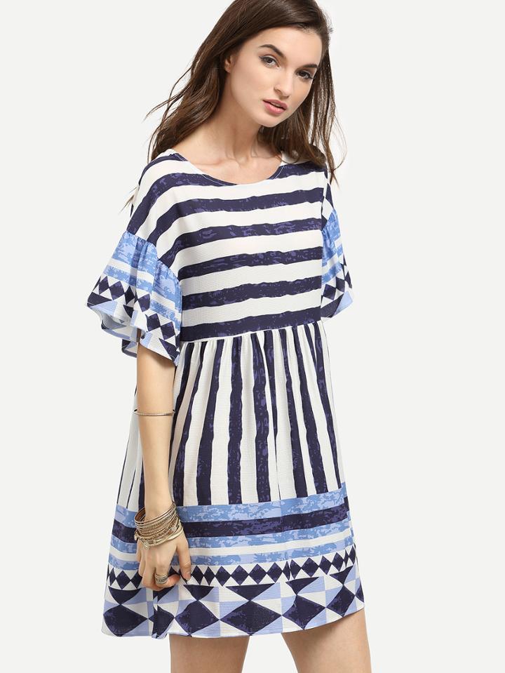 Romwe Multicolor Geometric Print Ruffle Shift Dress