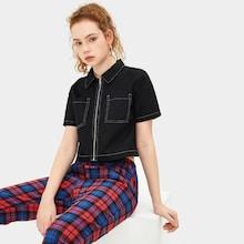 Romwe Zip Up Dual Pocket Blouse