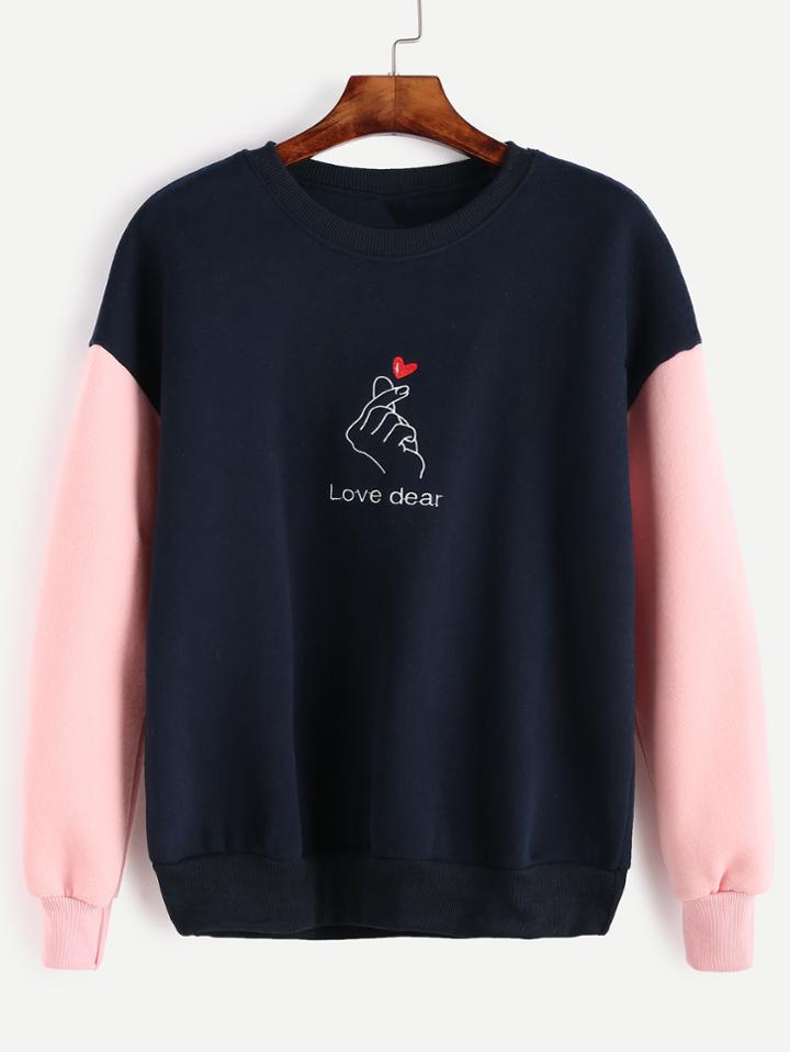 Romwe Color Block Letter Heart Embroidery Sweatshirt