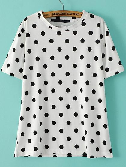 Romwe White Short Sleeve Black Polka Dot Loose T-shirt