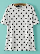 Romwe White Short Sleeve Black Polka Dot Loose T-shirt