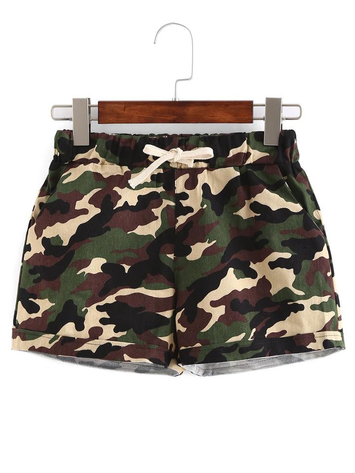 Romwe Drawstring Waist Camouflage Shorts