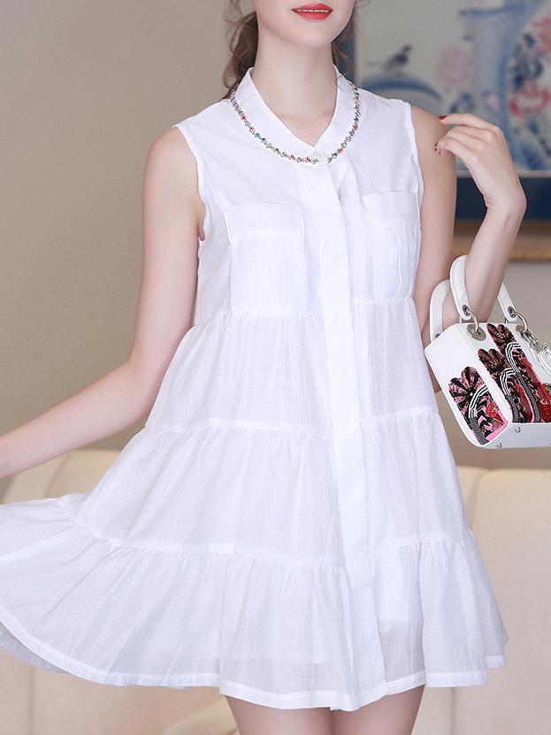 Romwe White Crew Neck Ruffle Dress
