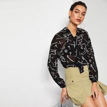 Romwe Tie Neck Graffiti Print Top