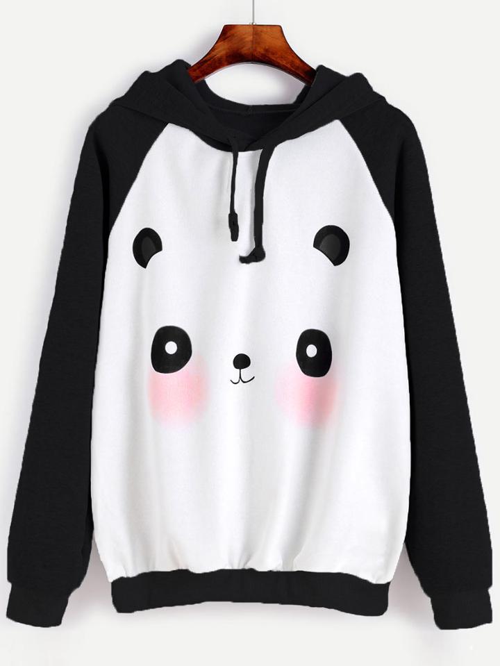 Romwe Cartoon Panda Print Raglan Hoodie