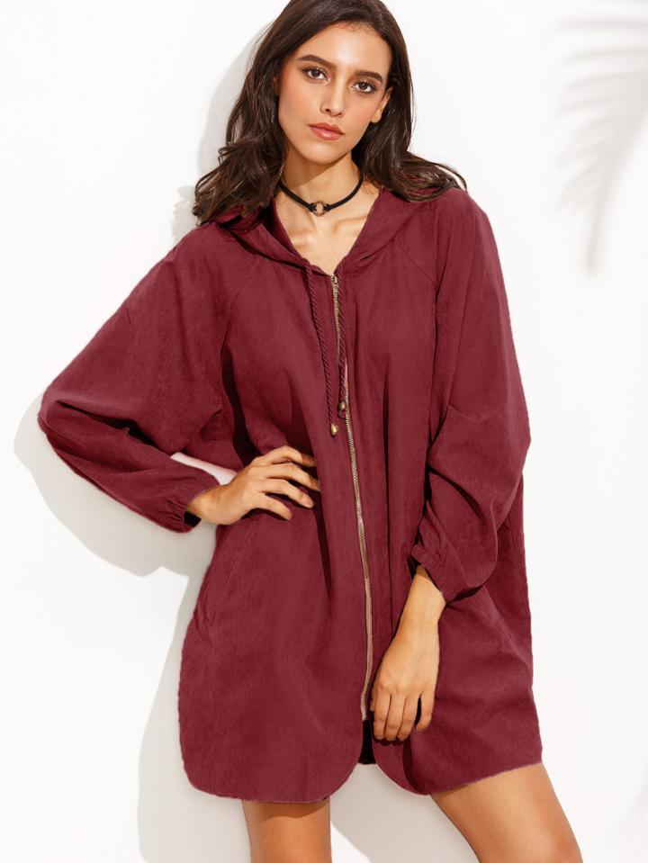Romwe Zipper Front Dolphin Hem Hooded Coat