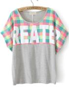 Romwe Check Greater Print Grey T-shirt