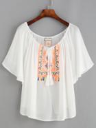 Romwe White Tie Neck Embroidered Dolman Sleeve Blouse