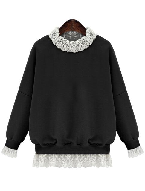 Romwe Lace Embellished Loose Black Sweatshirt