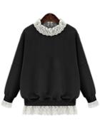 Romwe Lace Embellished Loose Black Sweatshirt