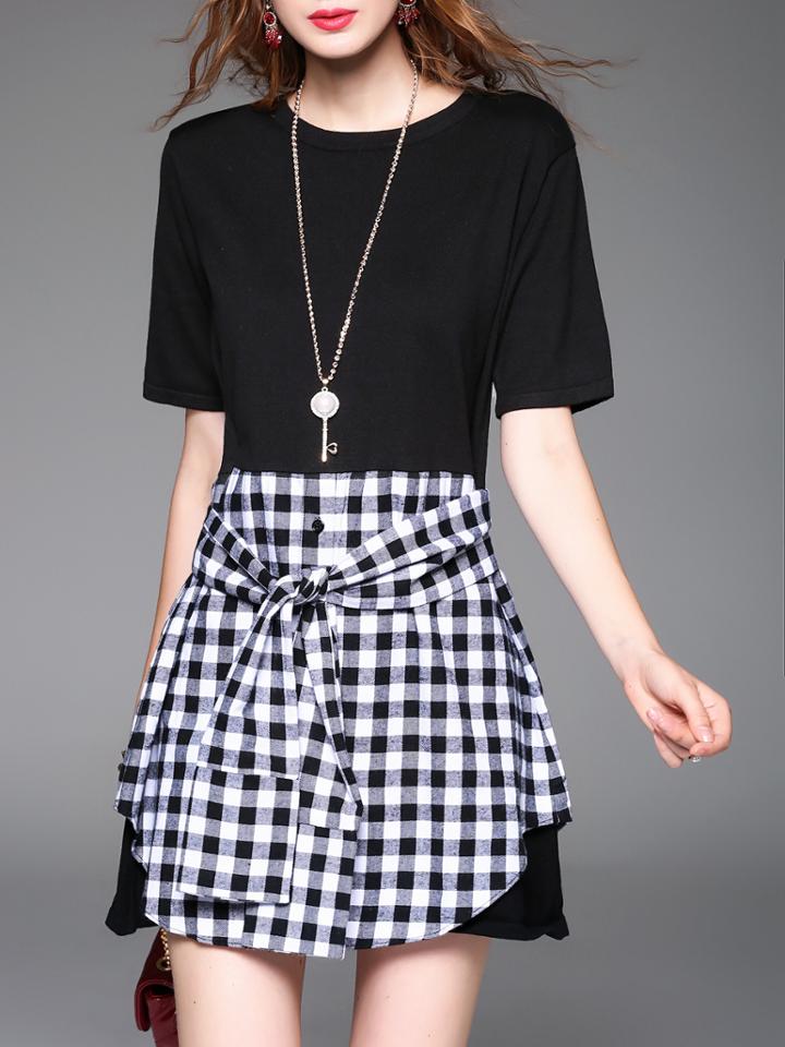 Romwe White Black Check Tie-waist Dress