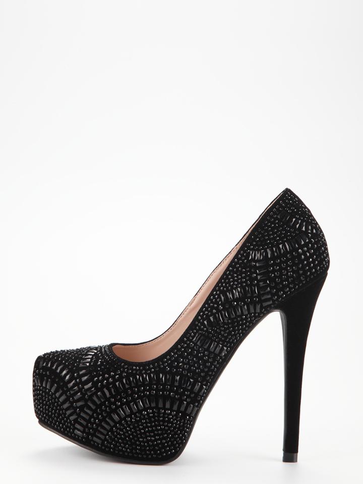 Romwe Black Glitter Platform Pumps
