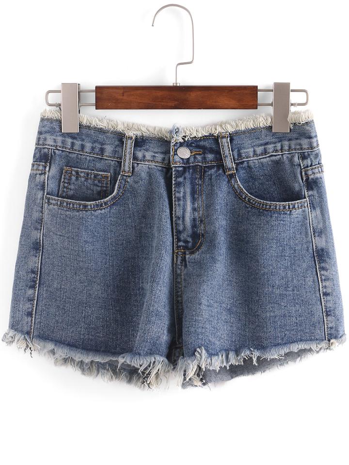 Romwe Raw Waist & Hem Blue Denim Shorts