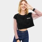 Romwe Contrast Mesh Cuff Letter Embroidered Crop Tee