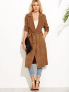 Romwe Brown Suede Self Tie Duster Coat