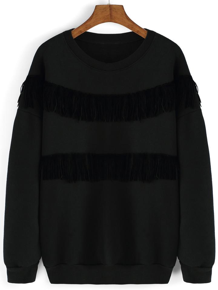 Romwe Tassel Loose Black Sweatshirt