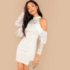 Romwe Fringe Seamed Cold Shoulder Lace Bodycon Dress