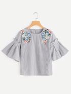 Romwe Embroidered Flower Applique Pleated Bell Sleeve Top