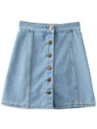 Romwe Light Blue Empire Waist Buttons Front Denim Skirt