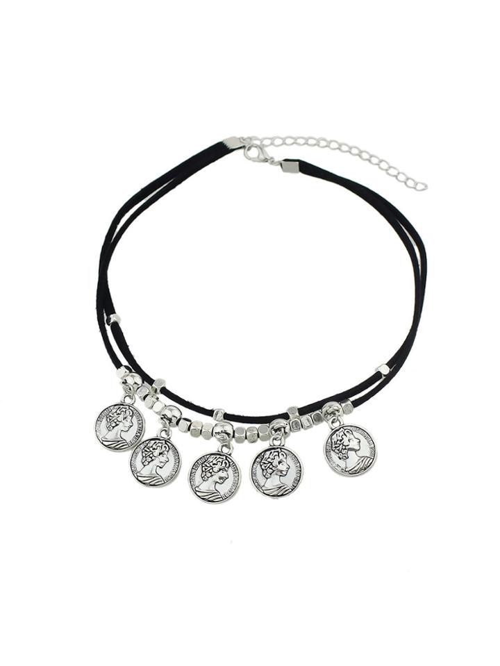 Romwe Gothic Style Cameo Pendants Black Rope Chain Choker Necklace