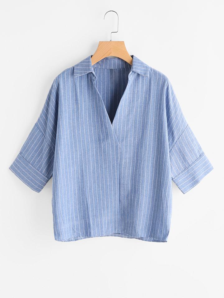 Romwe V Neckline Vertical Striped Blouse