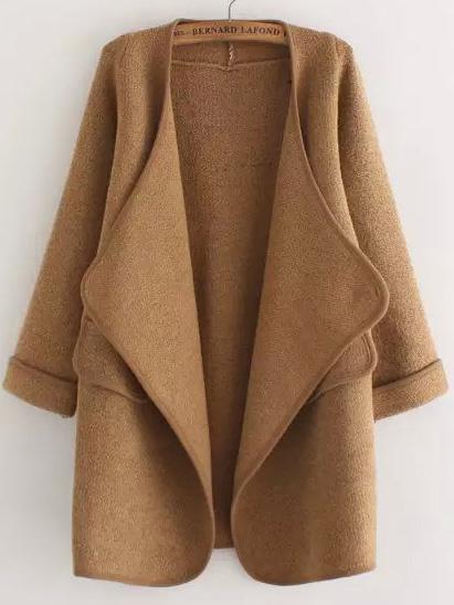 Romwe Khaki Long Sleeve Stitch Pocket Loose Cardigan