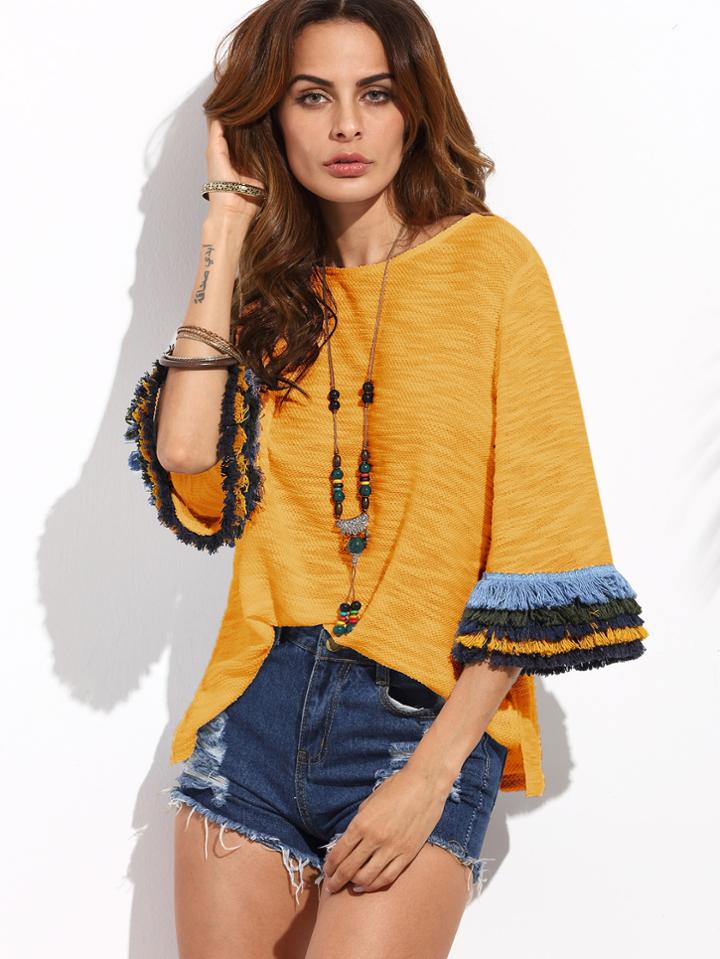 Romwe Layered Fringe Detail Fluted Sleeve Slub Tee