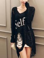 Romwe Letter Print Ripped Loose Black Sweater