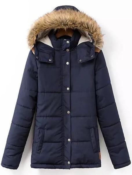 Romwe Hooded Drawstring Zipper Navy Coat