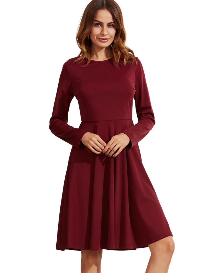 Romwe Burgundy Pleated Long Sleeve A-line Dress