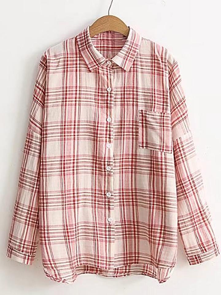 Romwe Drop Shoulder Seam Plaid Blouse