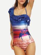 Romwe Asymmetric Ruffle Shoulder One-piece Swimwear