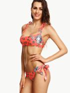 Romwe Orange Rose Print Ruffle Strap Side Tie Bikini Set