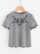 Romwe Scallop Edge Embroidered Gingham Top