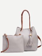 Romwe Grey Tassel Trim Bucket Bag With Crossbody Bag