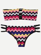Romwe Strappy Multicolor Chevron Print Bandeau Bikini Set