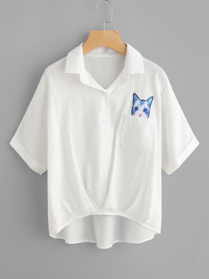 Romwe Cat Patch Dip Hem Cuffed Blouse