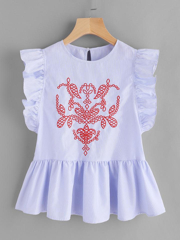 Romwe Frill Trim Keyhole Back Embroidered Peplum Top
