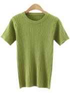 Romwe Green Round Neck Vertical Stripe Knitted T-shirt